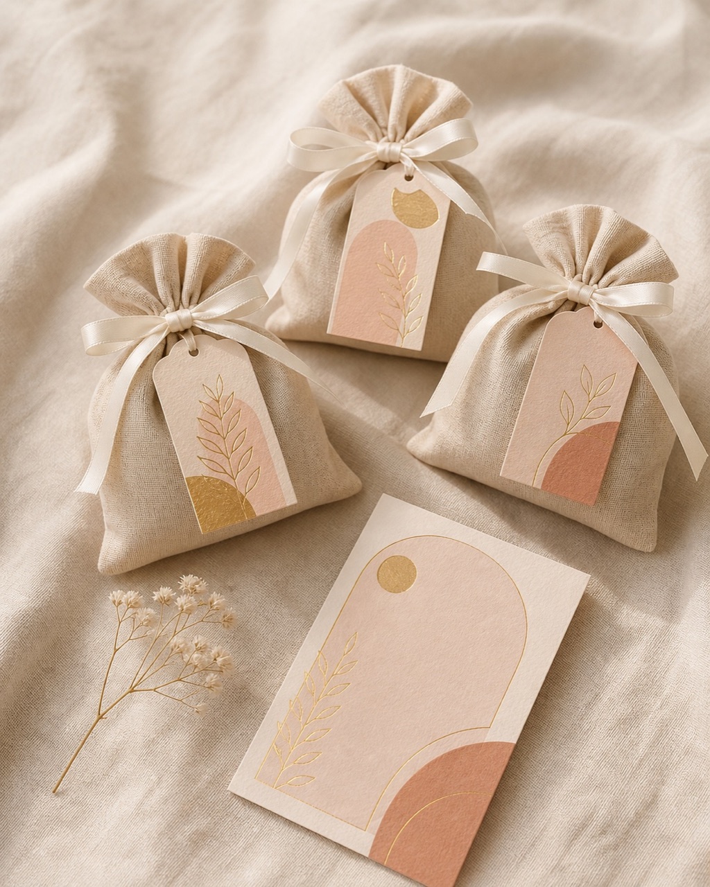 Blush and gold favor tags tied to muslin bags beside a printed trivia card
