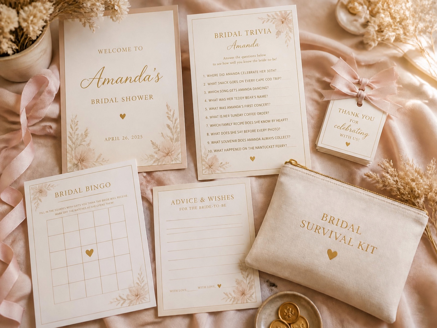 A coordinated celebration suite with personalized trivia, signs and keepsake pieces
